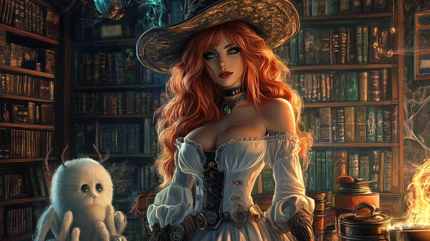 Red haired steampunk witch in a white gown conjuring