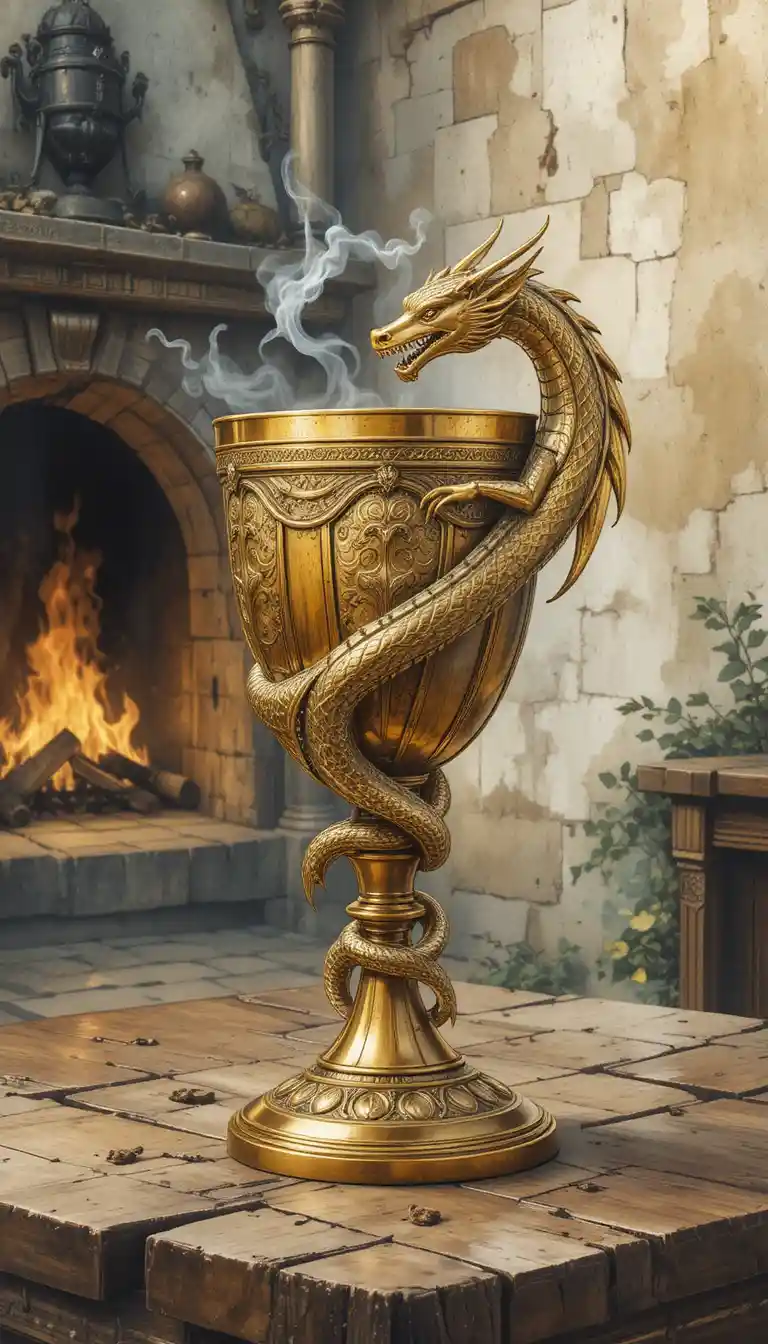 Aquarell eines goldenen Kelchs mit Drache auf Holztisch