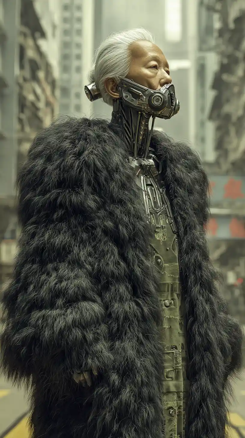 Elderly cyberpunk warlord leading a gang in Hong Kong streets