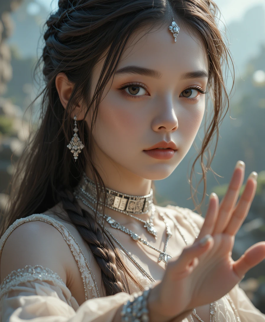 Cold aura portrait of jeweled woman in fantasy setting