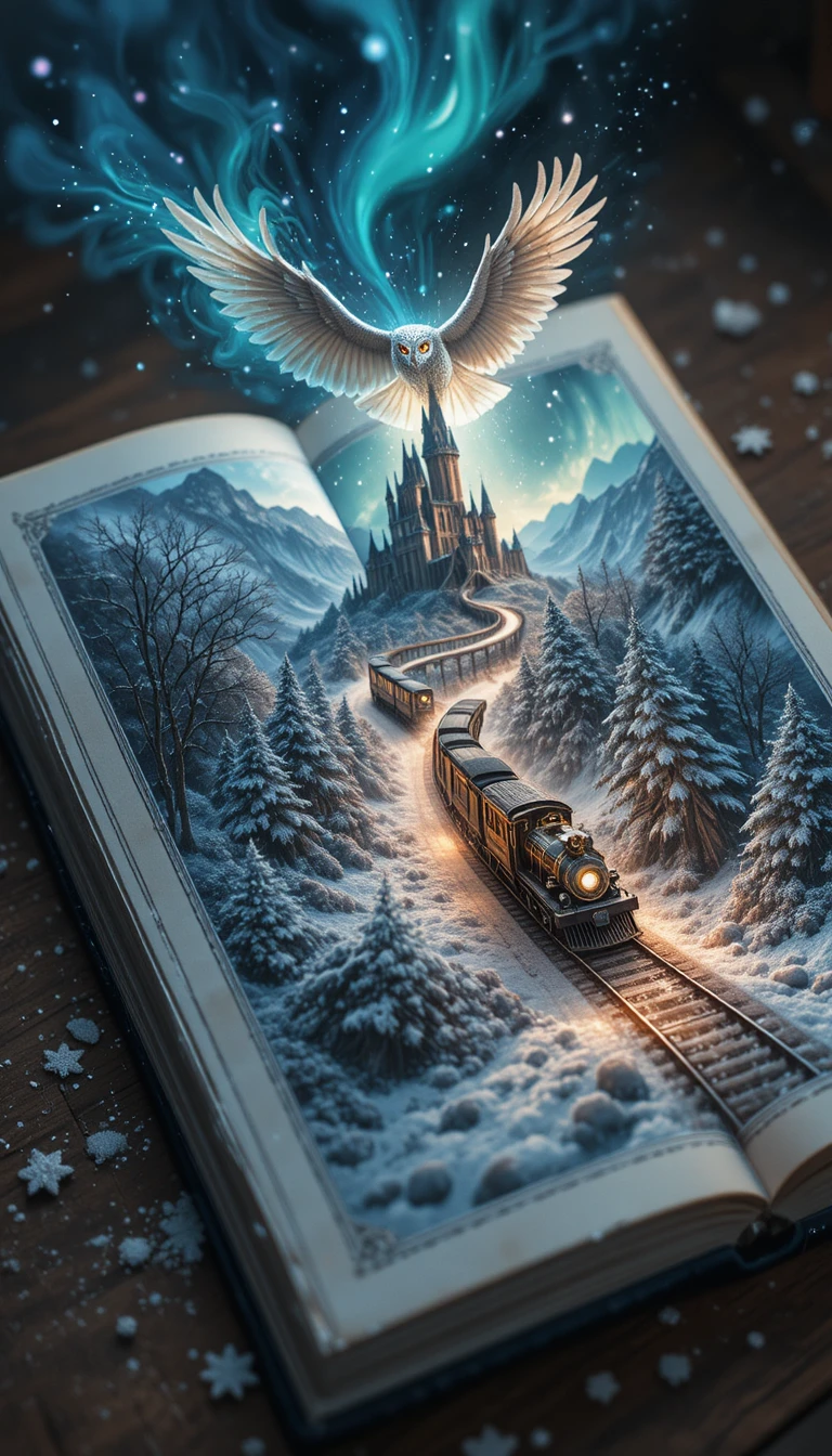 Double exposure fantasy book with owl and winter scene