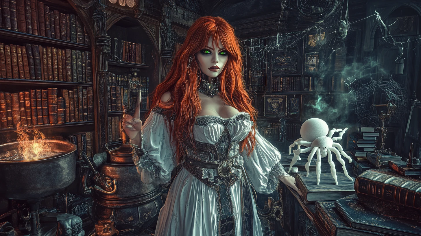 Red haired steampunk witch in a white gown in library