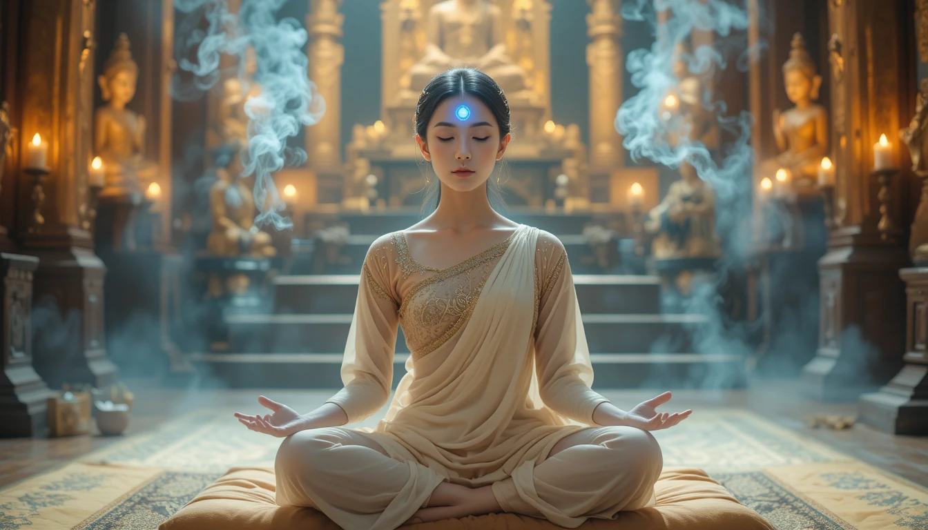 Meditating woman with glowing third eye in candlelit temple