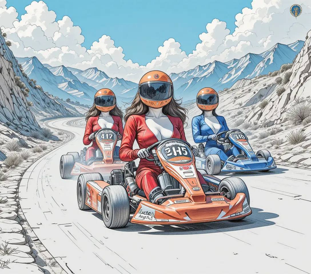 Trois pilotes driftant en kart sur une route de montagne sinueuse