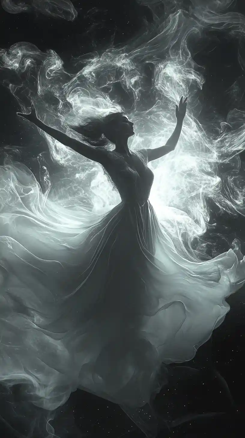 Elegant woman dancing in flowing smoky stardust