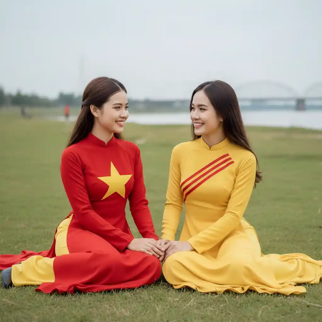 강가 풀밭에서 이야기하는 두 명의 젊은 자매