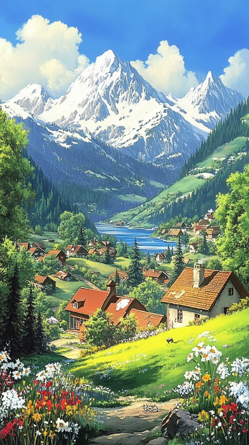 Anime medieval village in a peaceful fantasy landscape