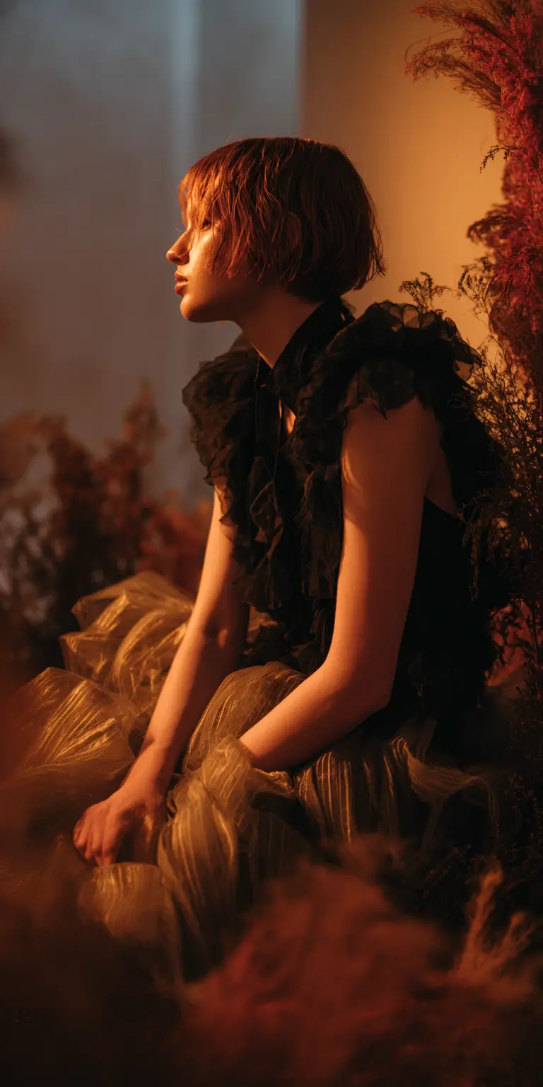 Fashion woman in cramped conceptual studio installation