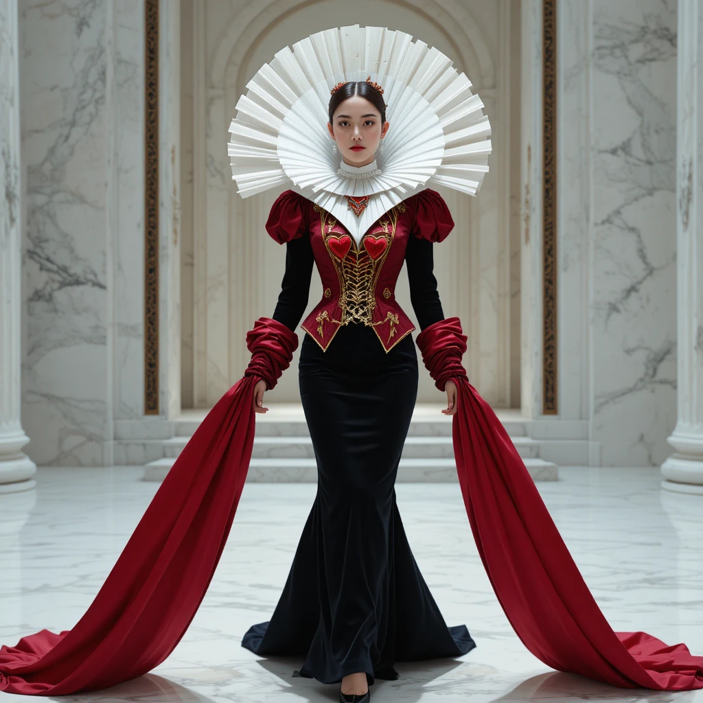 Tiranna della moda coreana in abito couture scultoreo a tema cuore