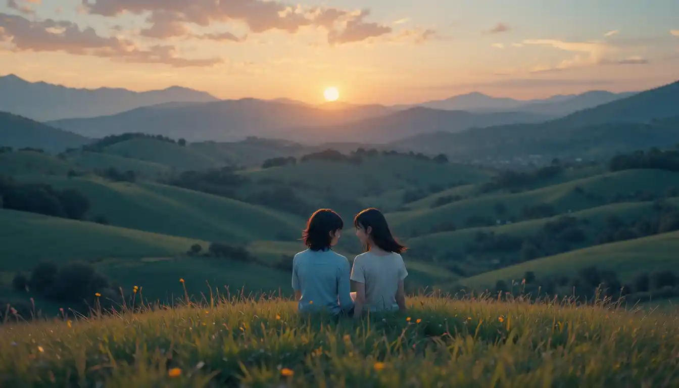 Coppia anime su una tranquilla collina erbosa al tramonto