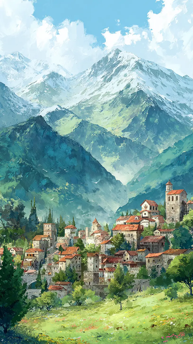 Anime medieval village in a peaceful fantasy landscape