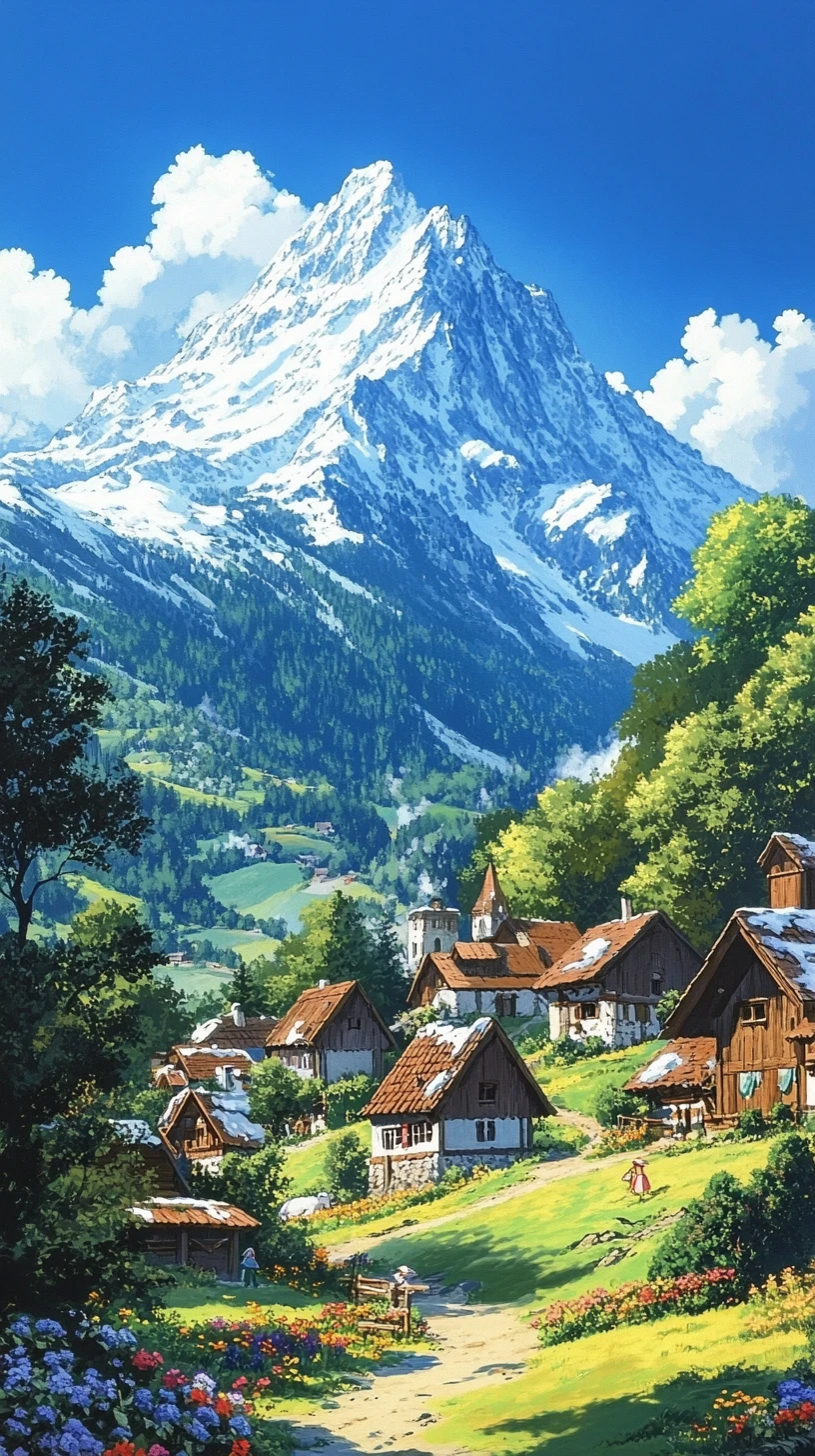 Village médiéval d’anime dans une paisible vallée de montagne