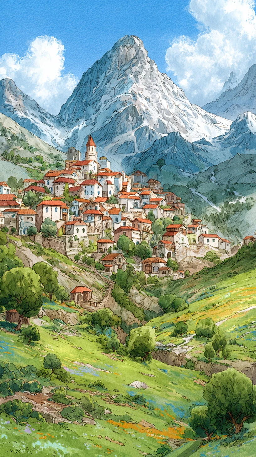 Village médiéval style anime dans un paisible paysage fantastique