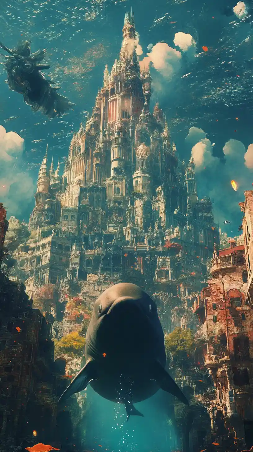 Episches Anime-Seeungeheuer erhebt sich in einer ruinösen Fantasy-Stadt
