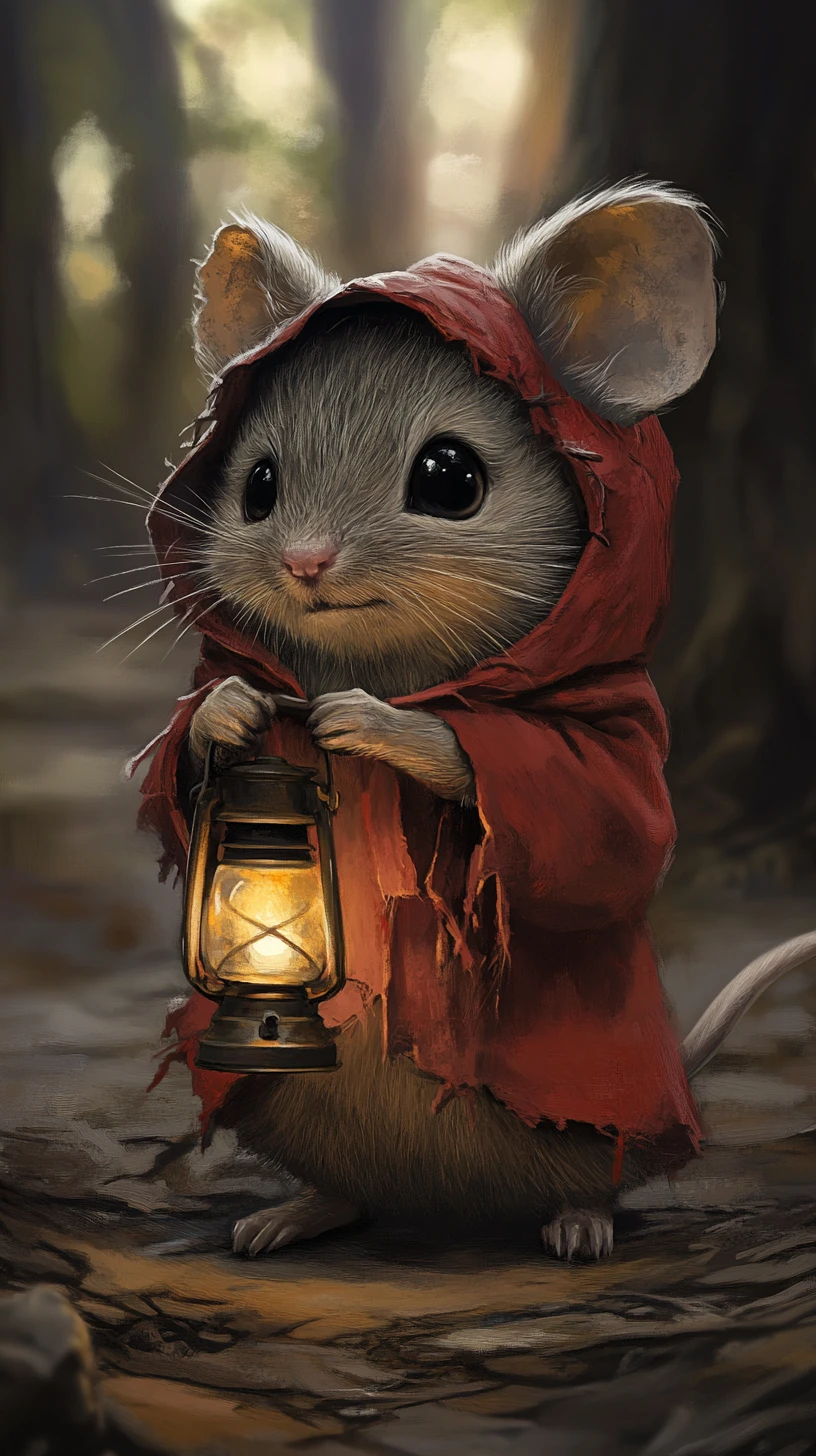 Little mouse in red hood with lantern in dark forest