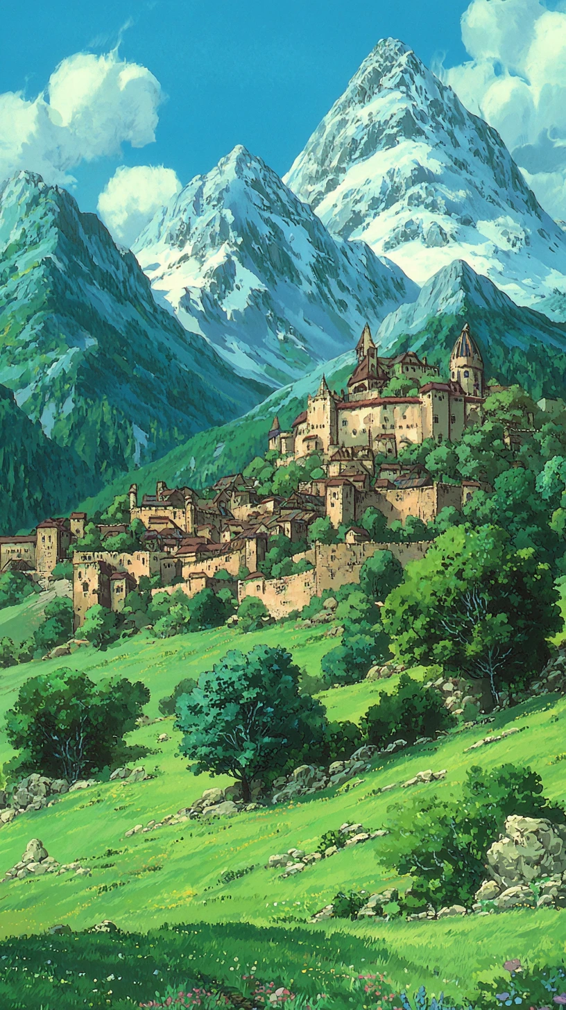 Village médiéval serein au cœur d’une chaleureuse ville fortifiée fantastique