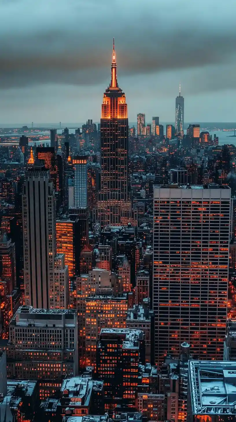 Skyline di New York che brilla sotto tranquille nuvole al crepuscolo