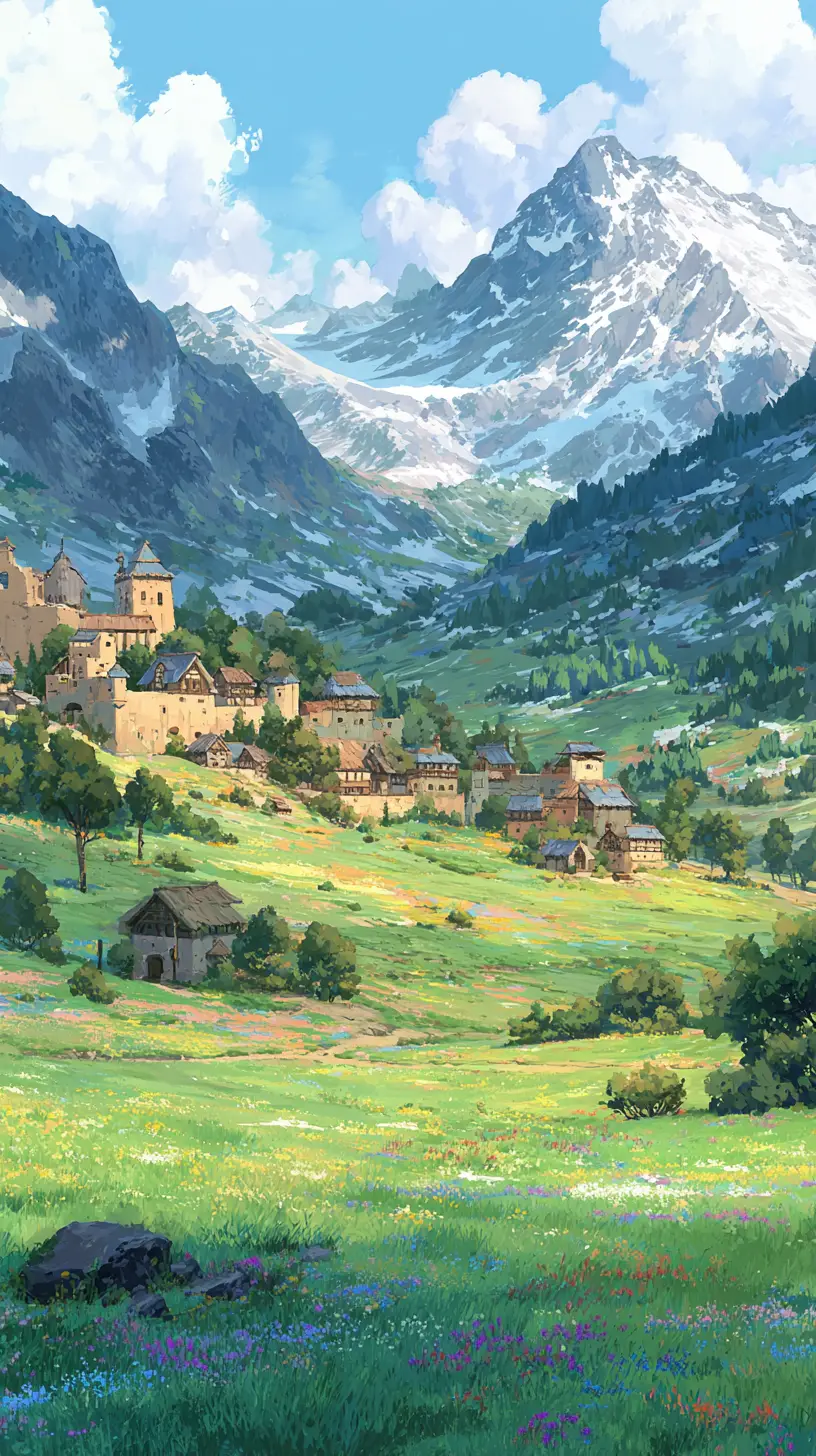 Anime medieval village in a peaceful fantasy landscape