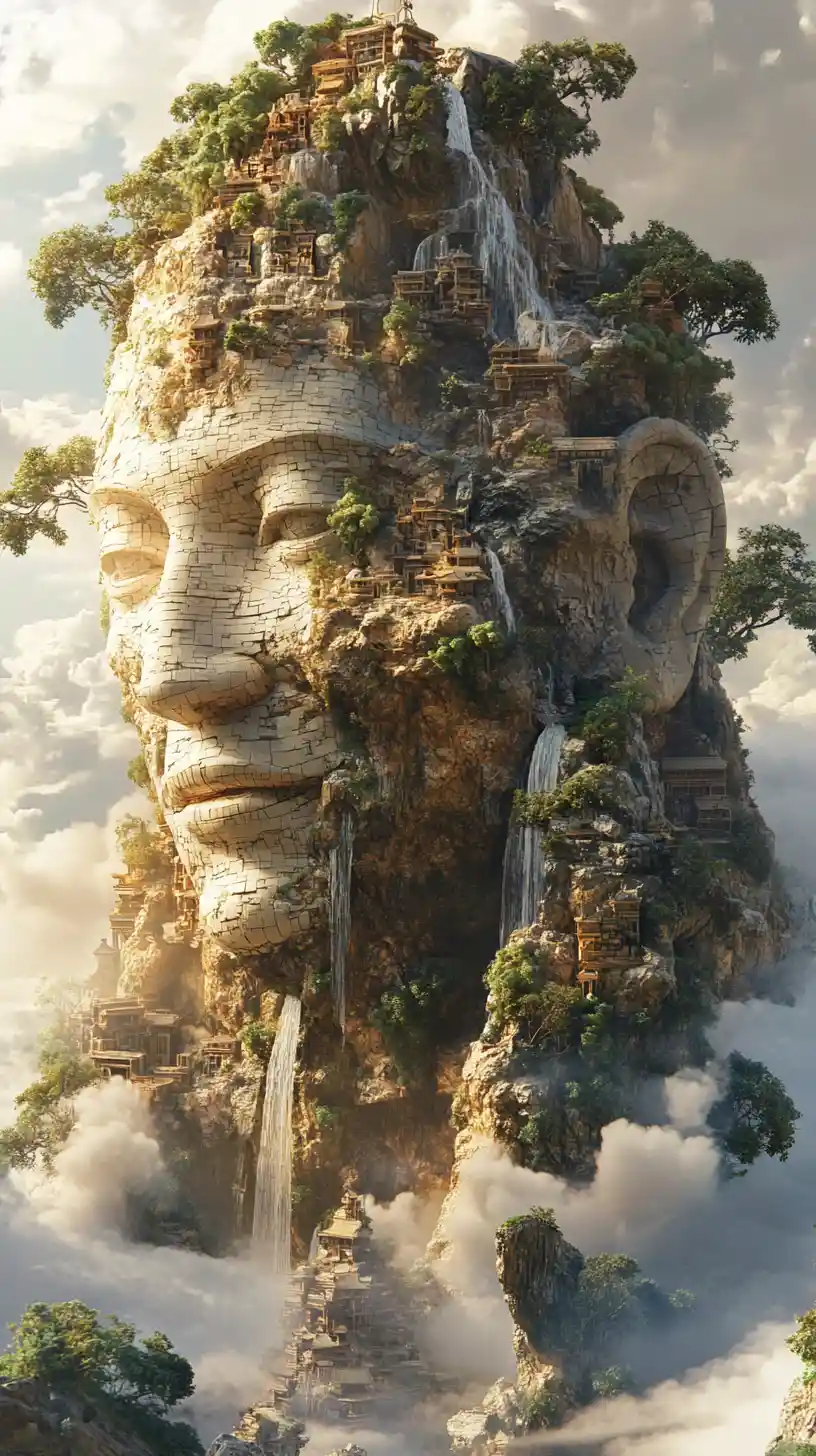 Ancient stone face emerging from surreal living landscape