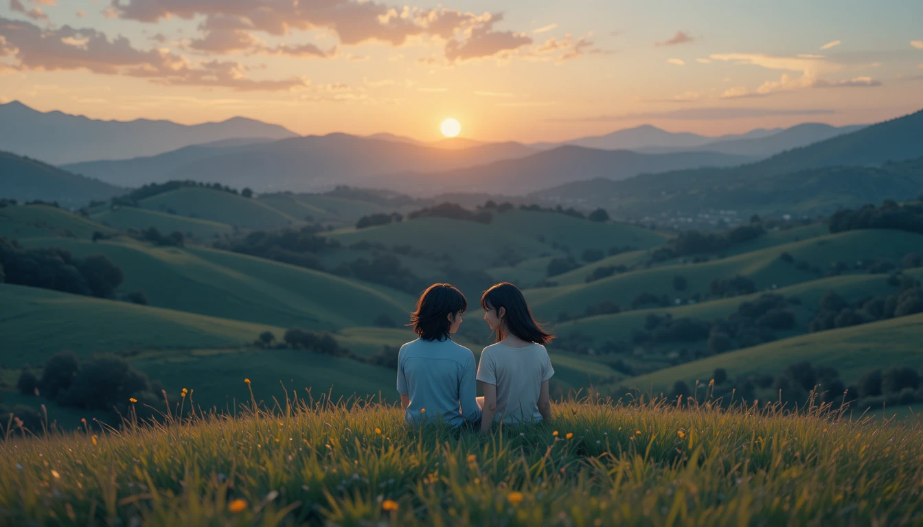Coppia anime su una tranquilla collina erbosa al tramonto