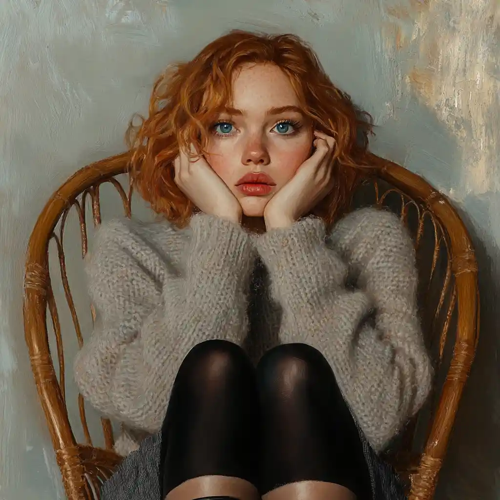 Bored woman in hibiscus sweater seated on rattan chair