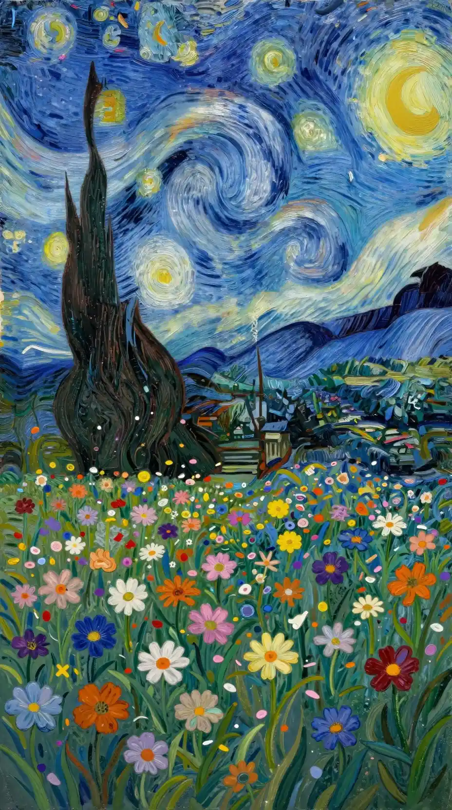 Surreal dreamscape of falling flowers in vibrant colors