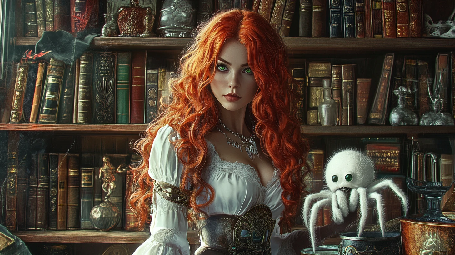 Red haired white witch in a magical steampunk library