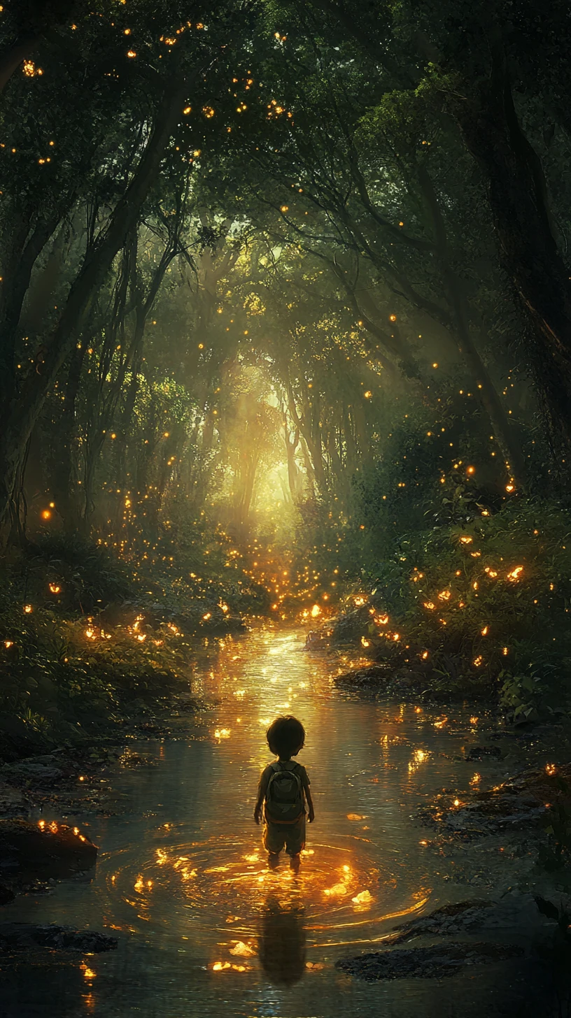 Kind in leuchtendem Wald bach, das auf fernes Licht zugeht
