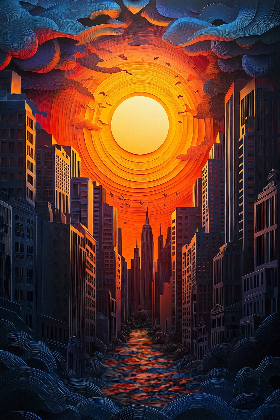 剪紙風火焰太陽與體積光照耀的城市景觀