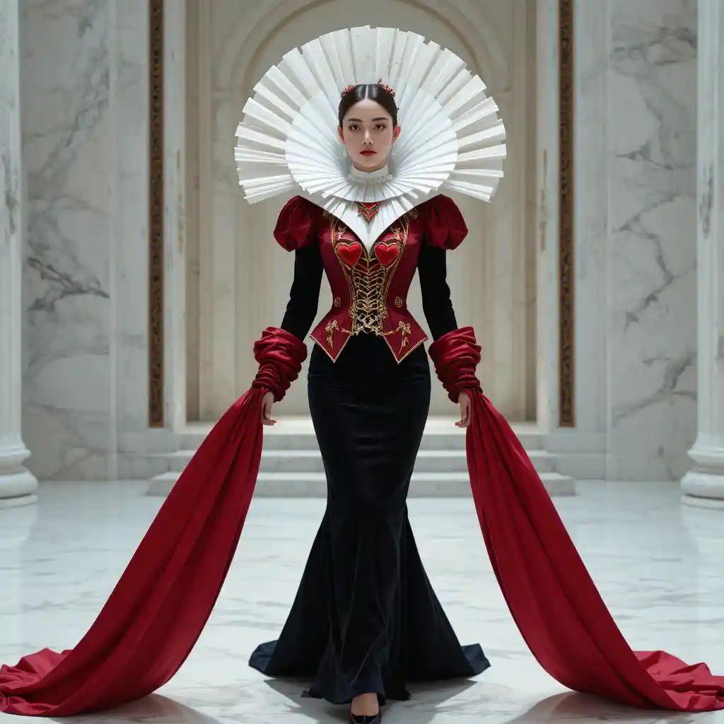 Koreanische Mode-Tyrannin in skulpturalem Couture-Kleid mit Herzmotiv
