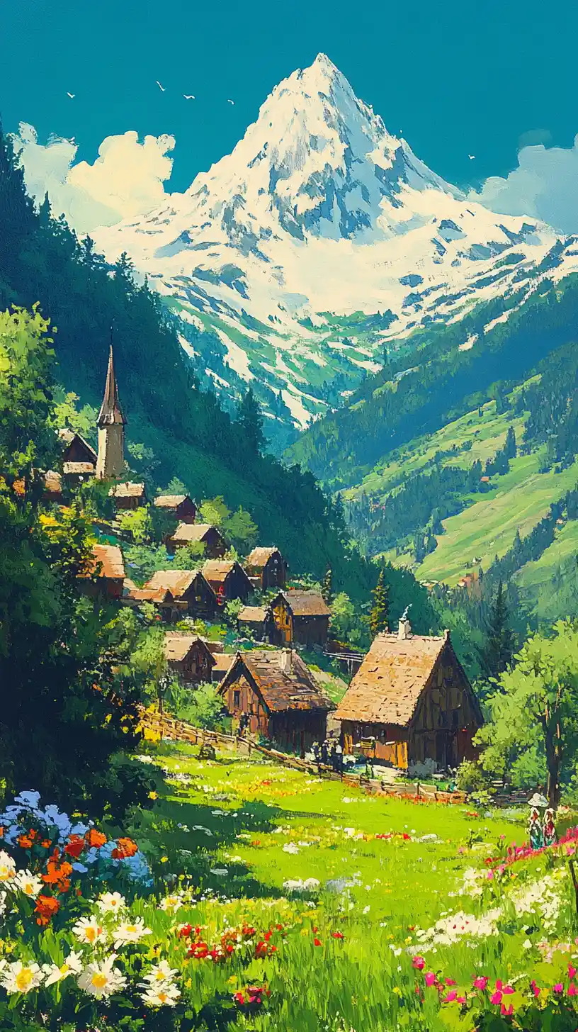 Anime village with elves dwarfs and humans in harmony