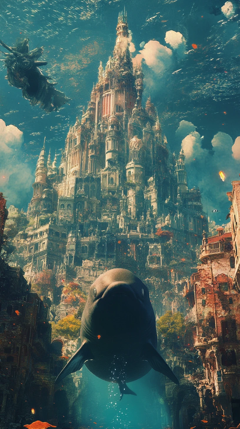 Episches Anime-Seeungeheuer erhebt sich in einer ruinösen Fantasy-Stadt