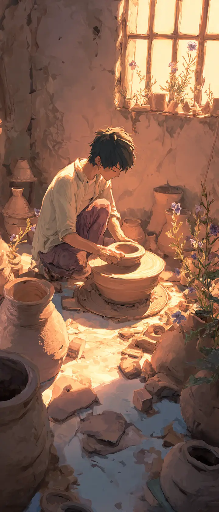 Potter Shaping Clay Alone In A Quiet Workshop