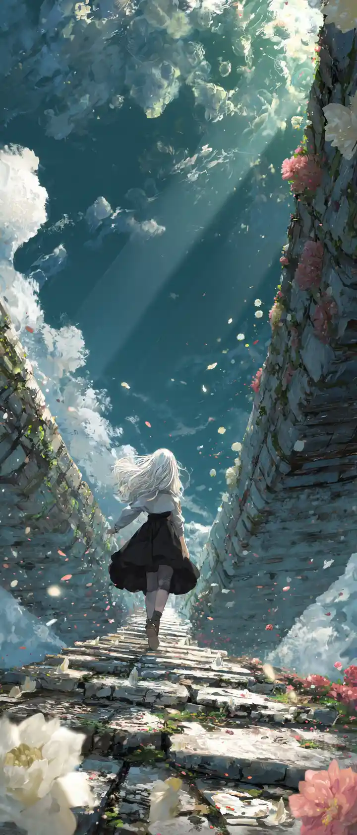 Young woman crossing crumbling bridge toward radiant figure