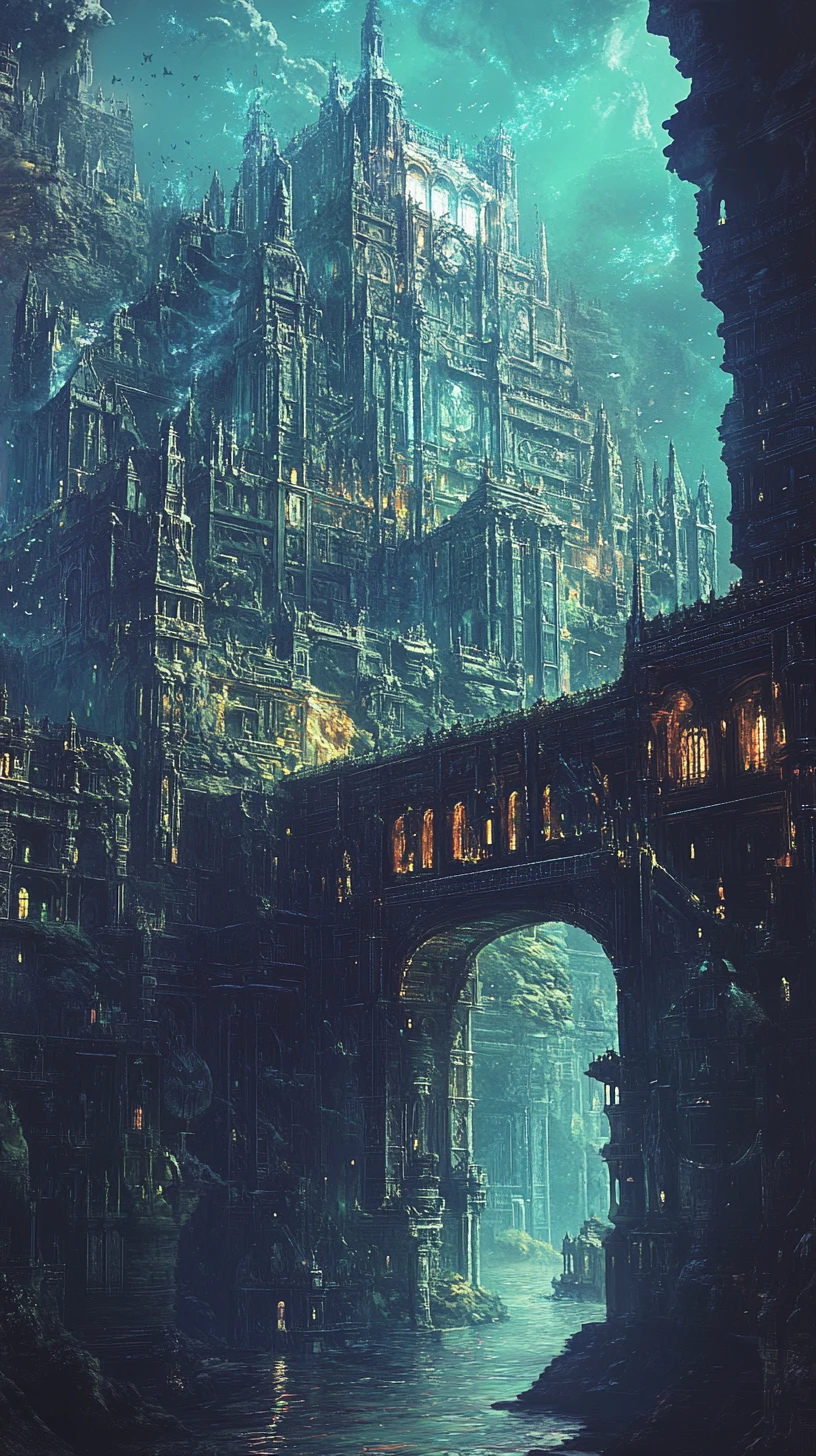 Ätherisches Fantasy-Seeungeheuer erhebt sich über ruinierter Stadtlandschaft