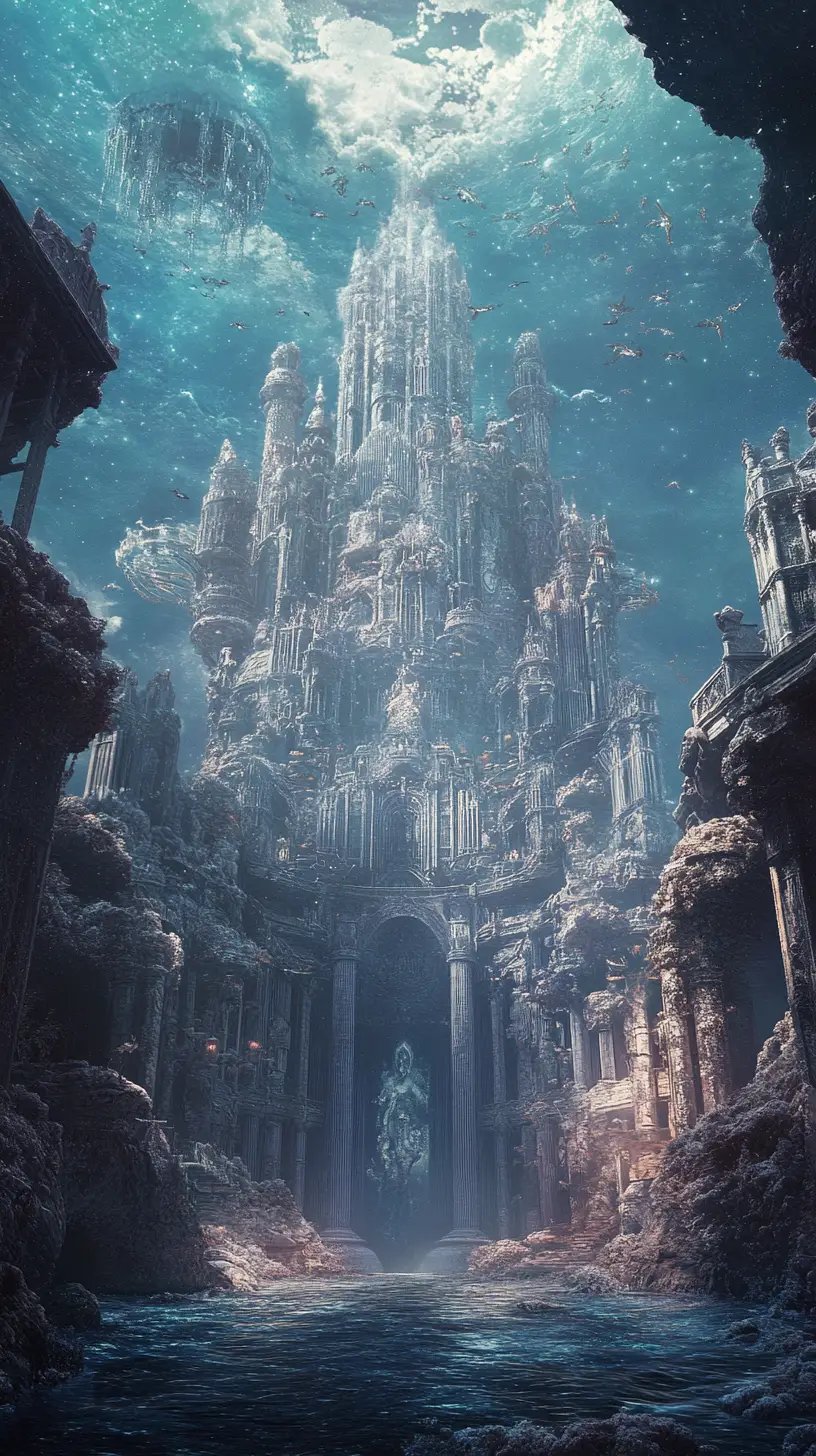 Ethereal anime leviathan rising in a ruined fantasy city
