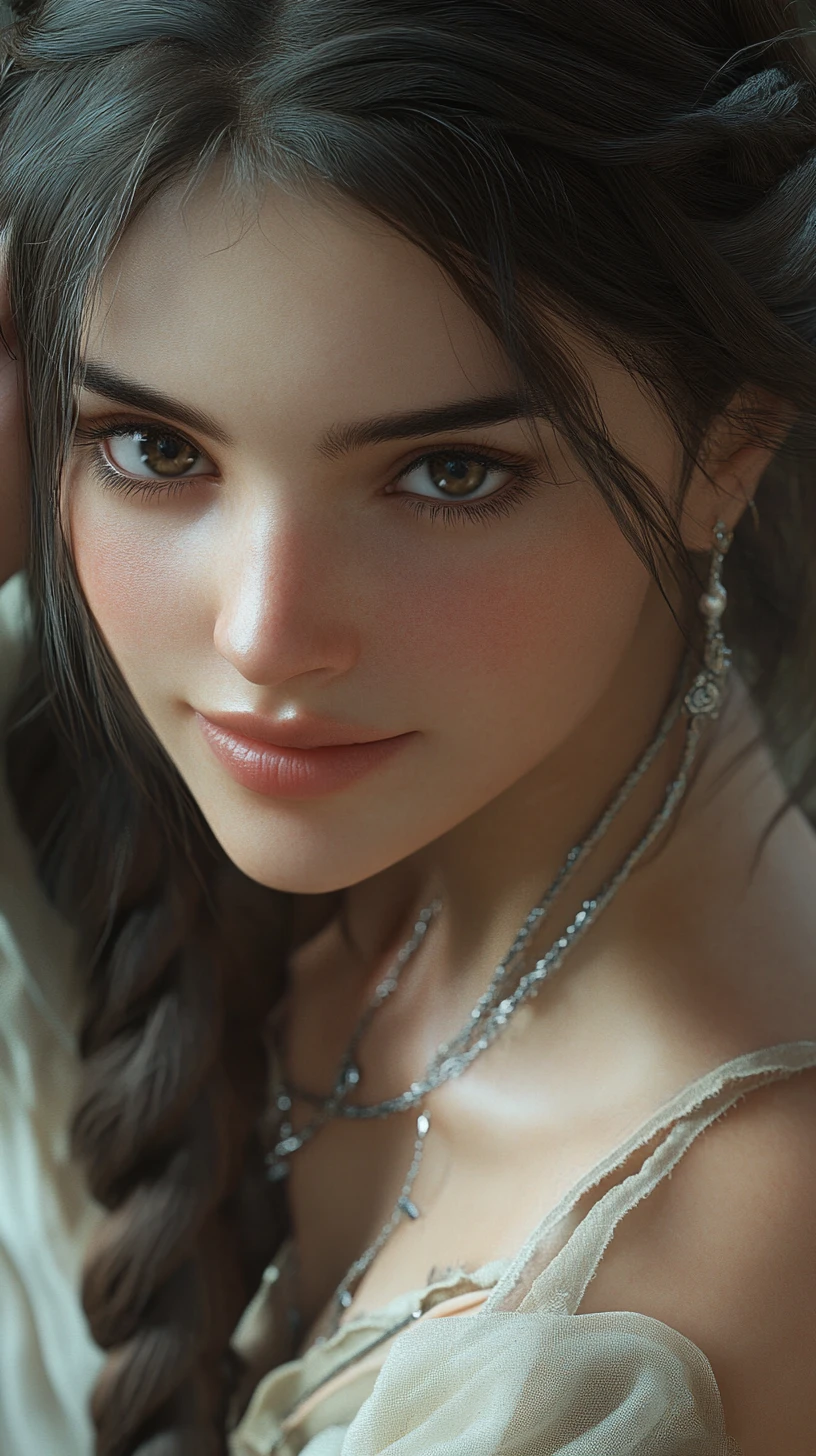 Ethereal Woman Portrait With Gemstone Chains And Braid