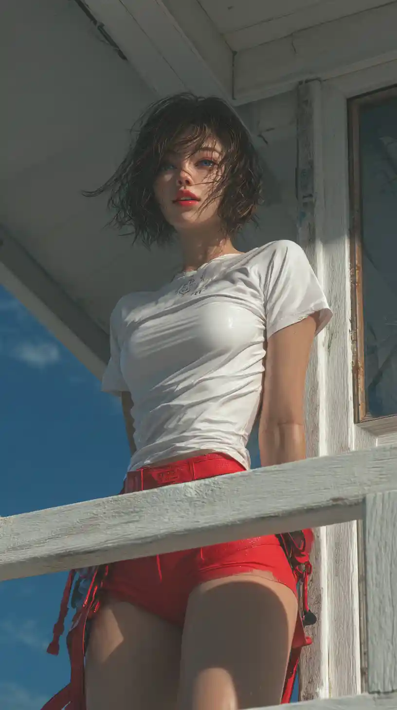 Female lifeguard standing on the beach in dynamic pose