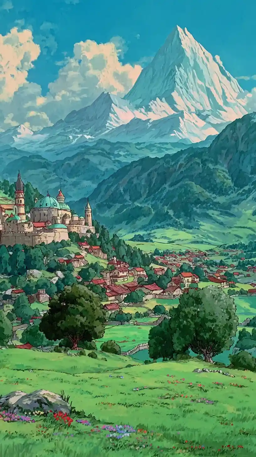 Village de fantaisie médiévale entre murs chaleureux et prairies verdoyantes