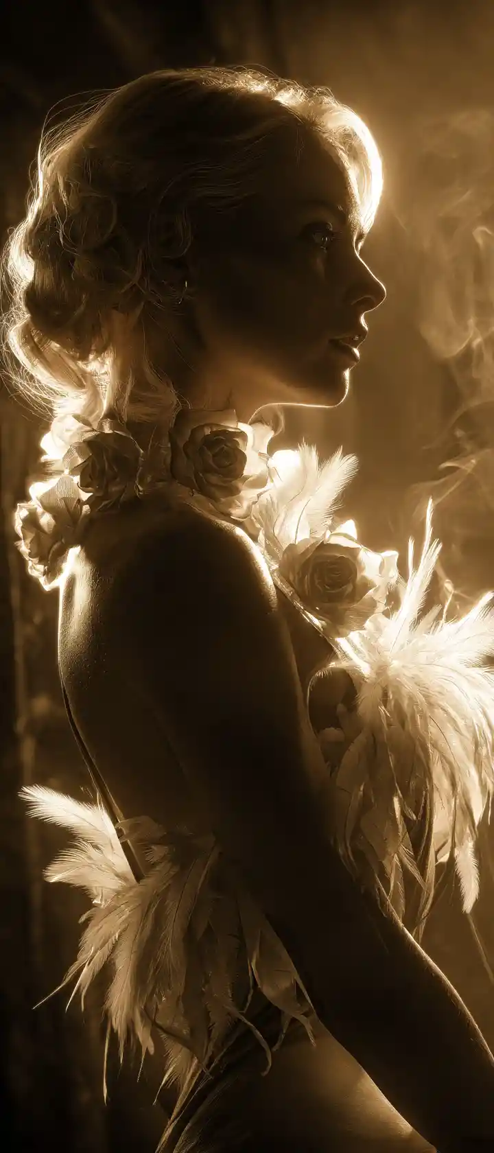 Sensual side view of a blonde woman with golden roses