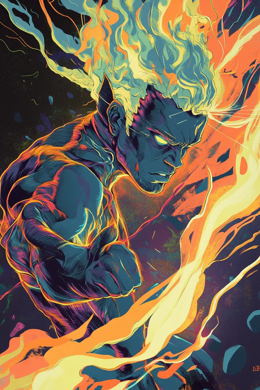 Dynamic fantasy character in bold cartoon illustration