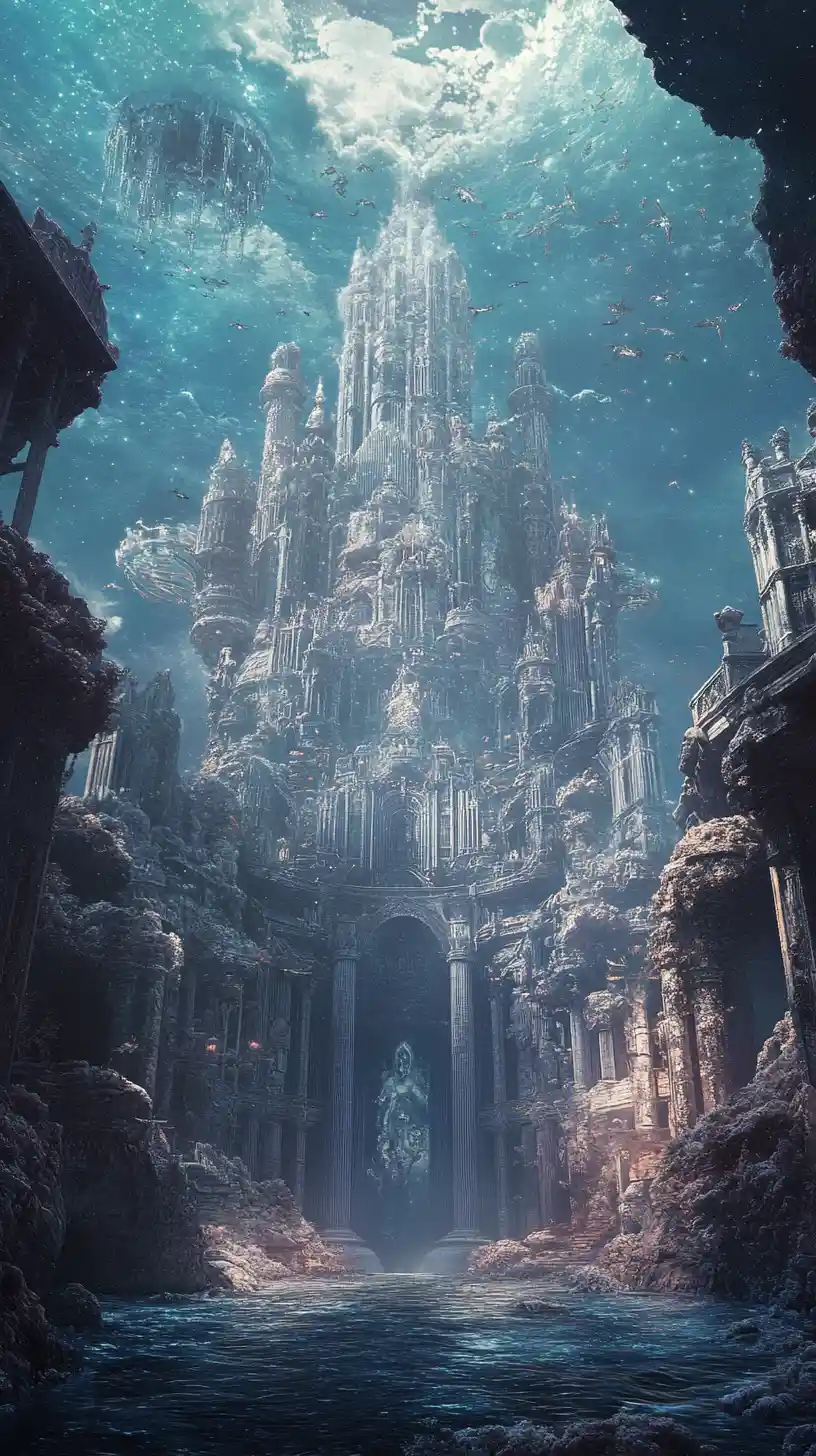 Ätherischer Anime-Leviathan erhebt sich in einer ruinösen Fantasy-Stadt