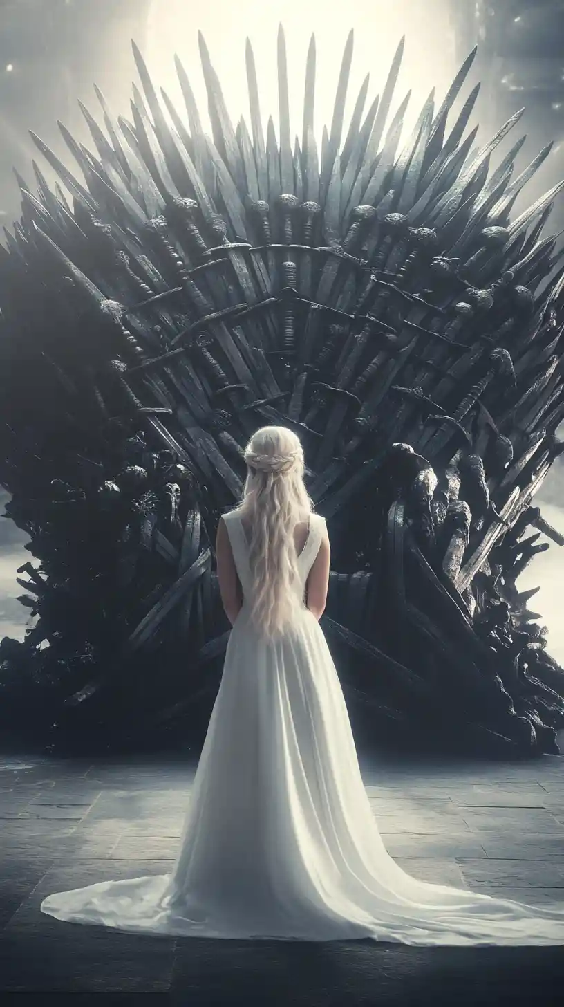 Woman In White Facing A Dark Iron Sword Throne