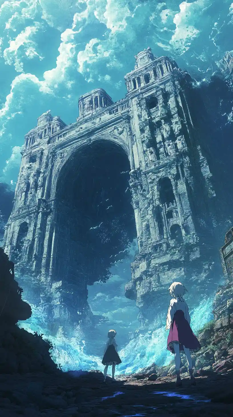 Episches Anime-Seeungeheuer erhebt sich in einer ruinösen Fantasy-Stadt