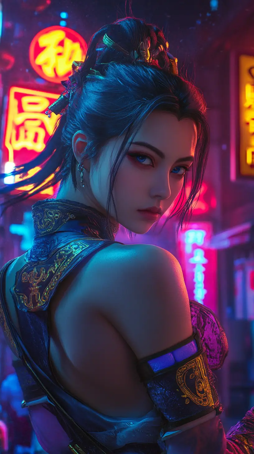 Anime Chinese warrior woman in Hong Kong night city