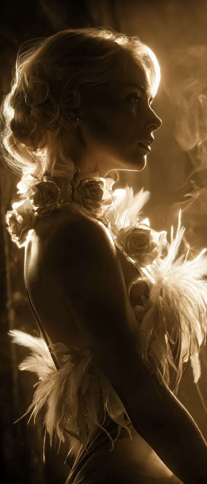 Sensual side view of a blonde woman with golden roses