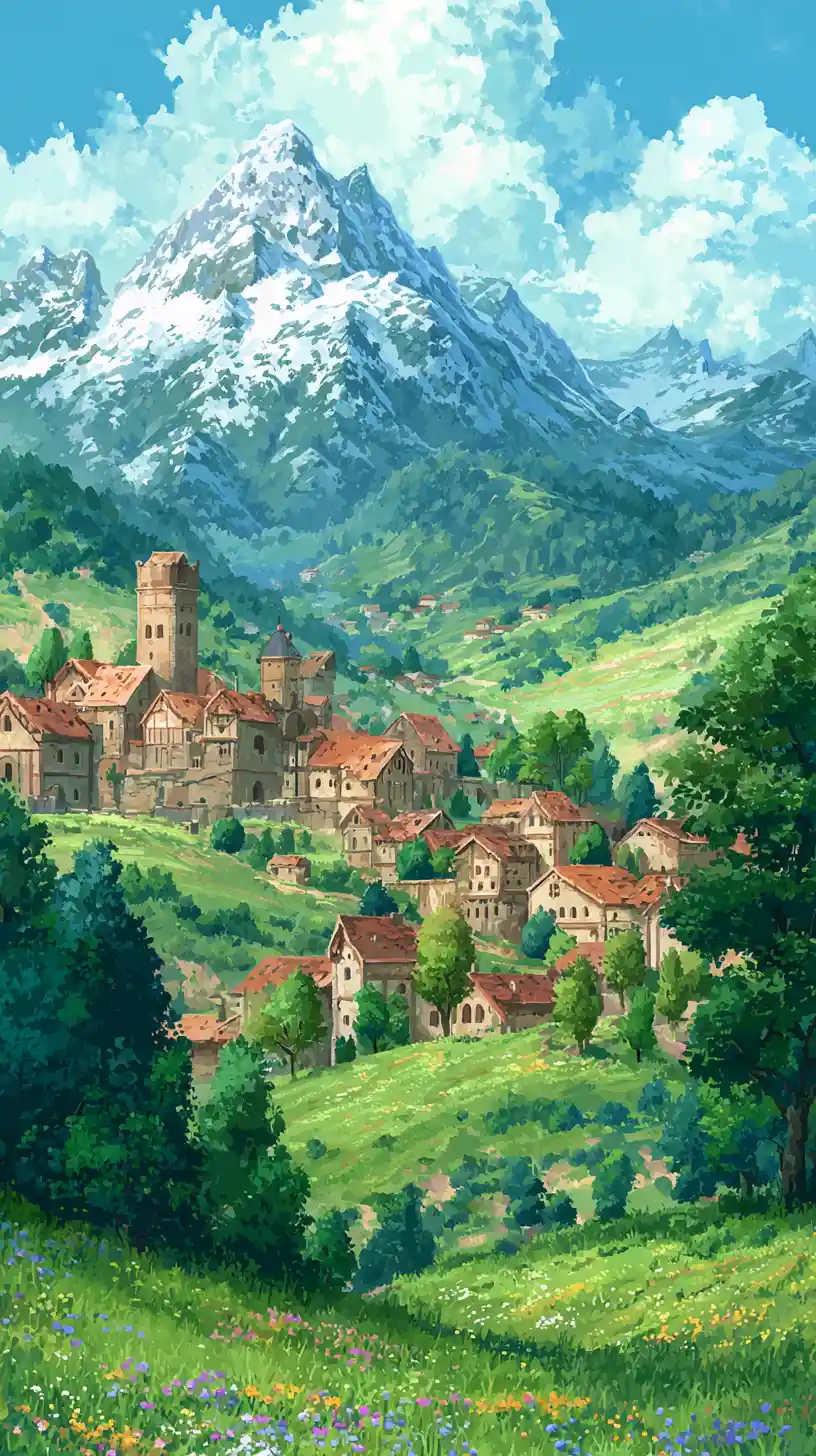 Anime medieval village in a peaceful fantasy valley