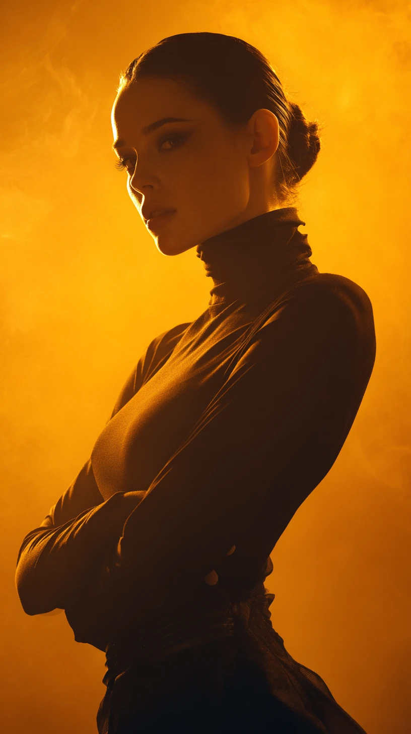 Sepia fashion portrait of woman in black turtleneck