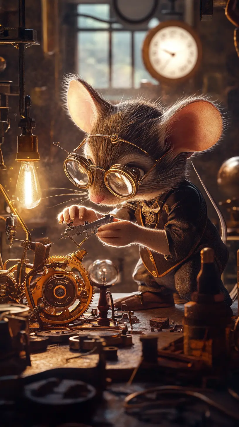 Steampunk mouse repairs clockwork in victorian workshop