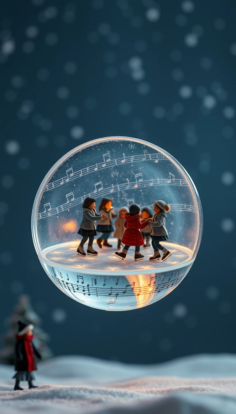 Miniature skaters on a glowing ice music disc in space